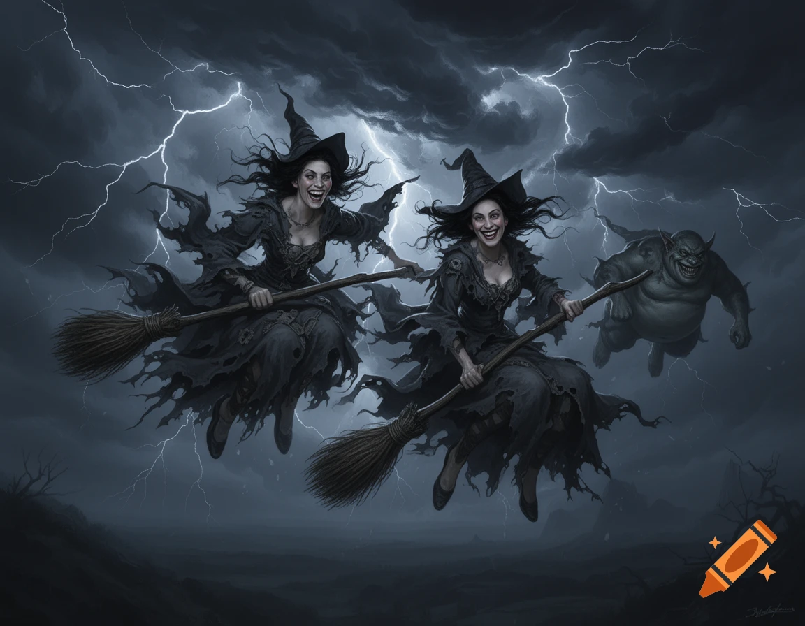 Two cackling witches fly on brooms through a stormy, lightning-filled sky, with a grinning goblin-like creature following behind them.