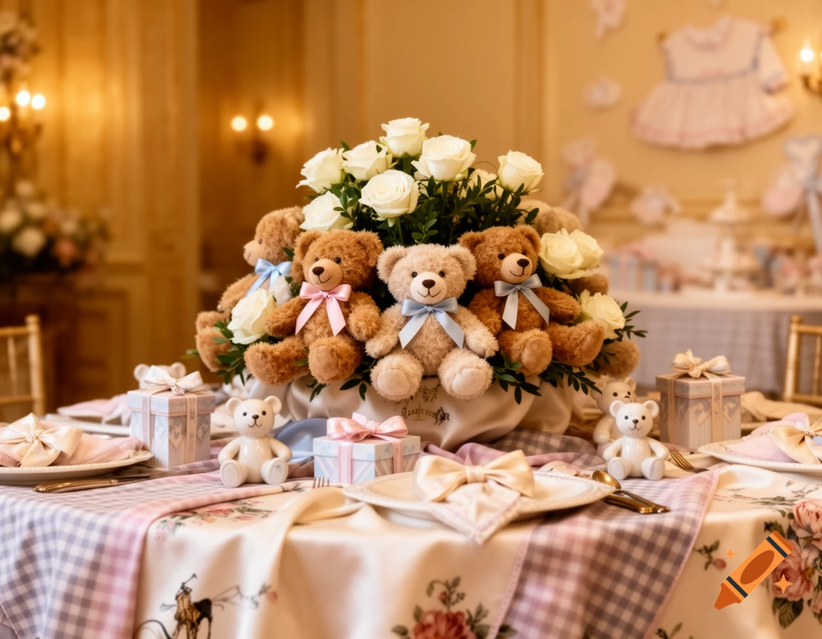 A formal baby shower table setting with white roses and teddy bears, light blue and pink bows, gifts, and elegant decor.
