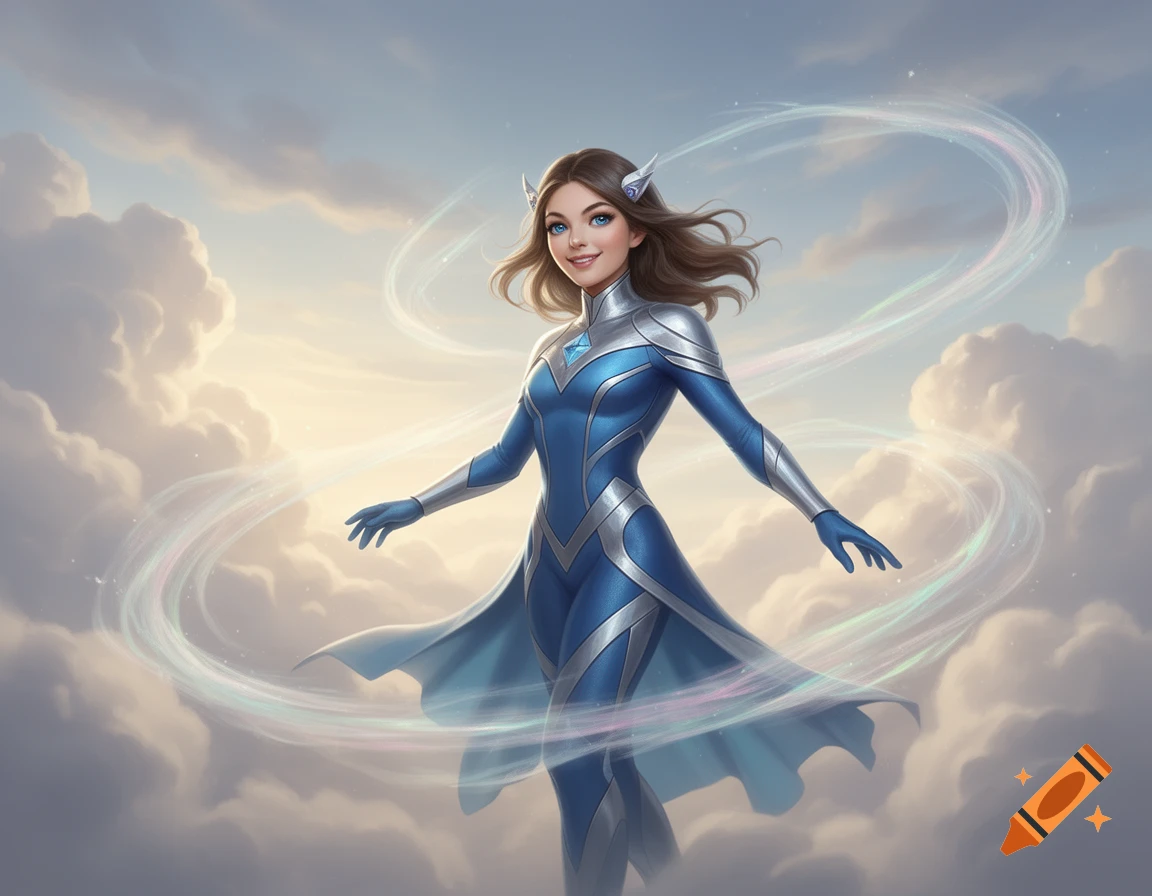 A smiling female character in a blue and silver superhero suit floats in a cloudy sky, surrounded by shimmering energy.