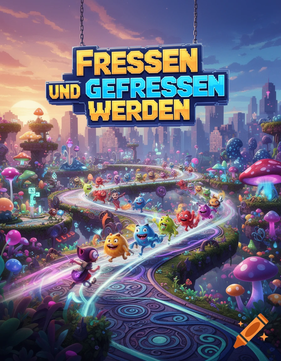 A vibrant fantasy landscape with a colorful parade of cartoon monsters on a winding path, under a sign reading 'Fressen und gefressen werden'.