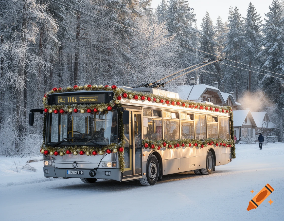 A trolleybus decorated with Christmas ornaments and tinsel drives through a snowy winter landscape.