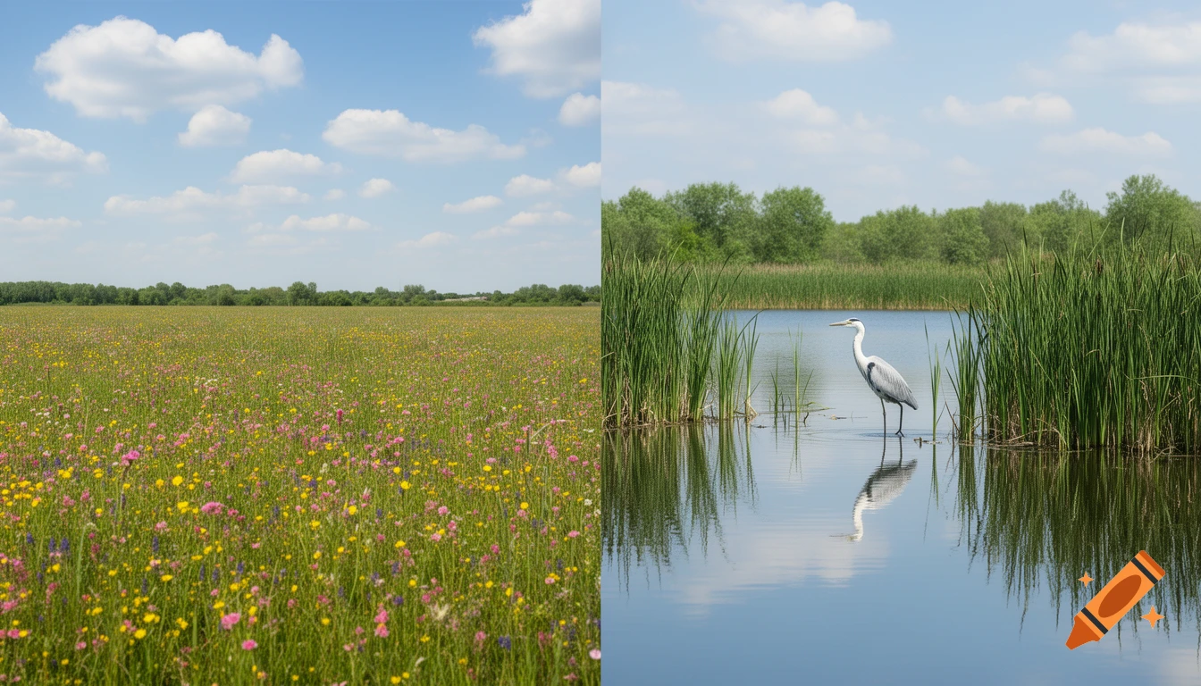 A split image showing a vibrant wildflower meadow on the left and a heron wading in a reedy lake on the right under a blue sky.