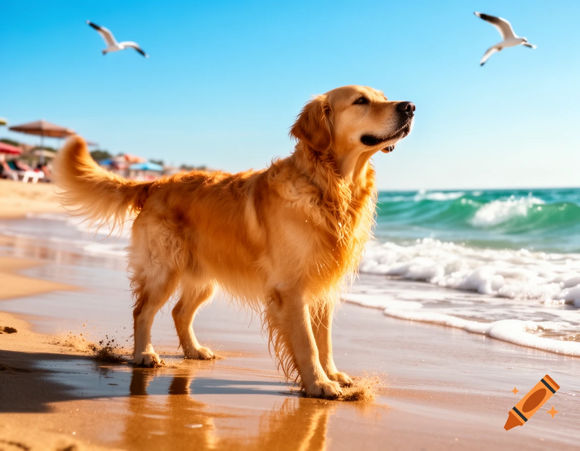 A photorealistic Golden Retriever stands on a sunny beach, looking towards the ocean with two seagulls flying above.