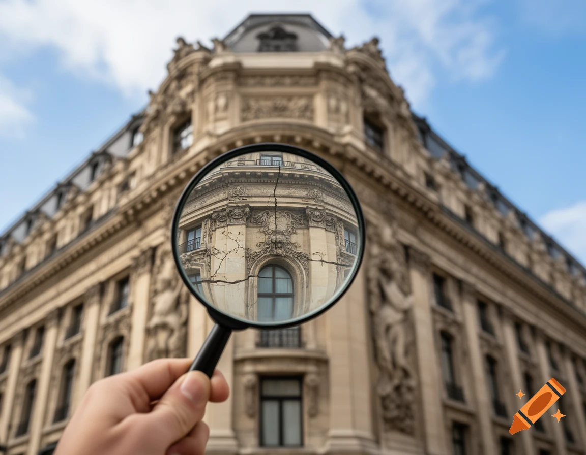 A hand holds a magnifying glass showing a cracked section of an ornate beige building against a blue sky.