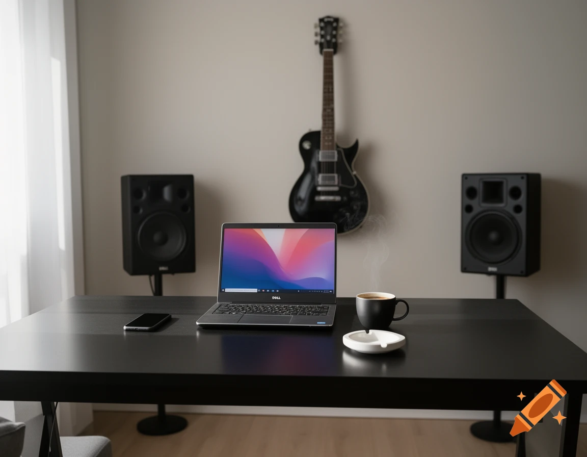 Modern workspace with a black desk, Dell laptop, smartphone, coffee, electric guitar, and studio speakers.