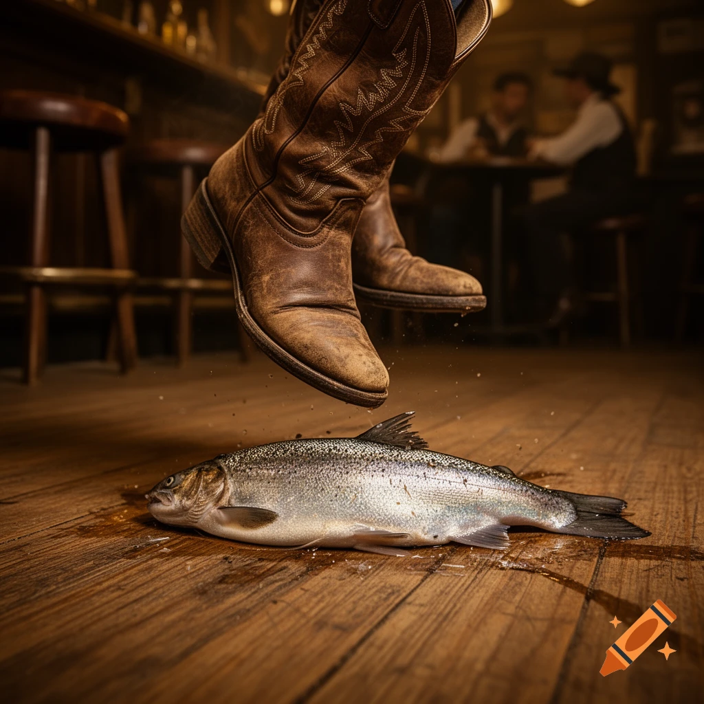 Photorealistic image of cowboy boots hovering above a fish on a wooden floor in a dimly lit western bar.