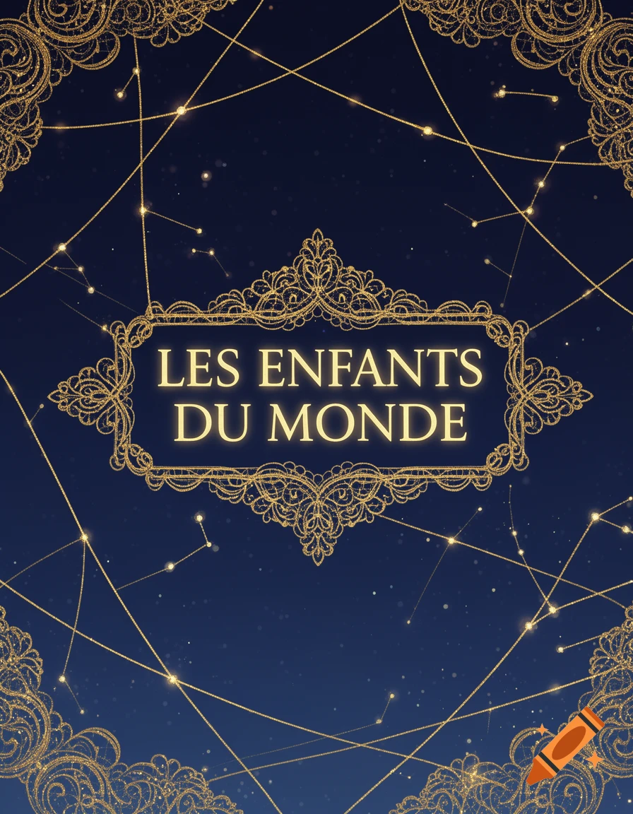 Dark blue book cover with ornate golden borders, constellations, and