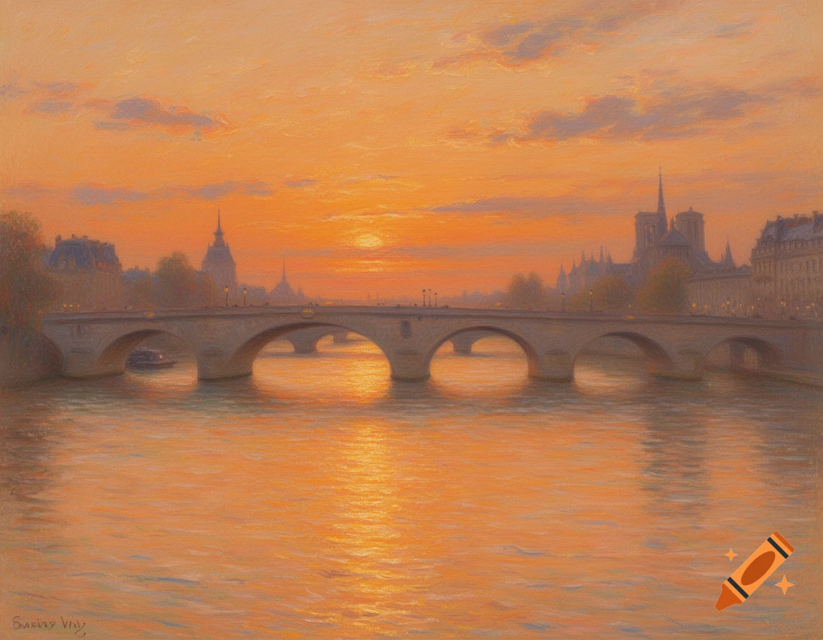 Impressionistic painting of an orange sunset over Parisian bridges and the Seine River, with city buildings silhouetted.