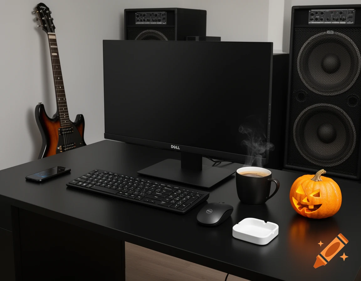 A black desk with a Dell monitor, keyboard, mouse, coffee, an ashtray, and a jack-o'-lantern. A guitar and large speakers are in the background.