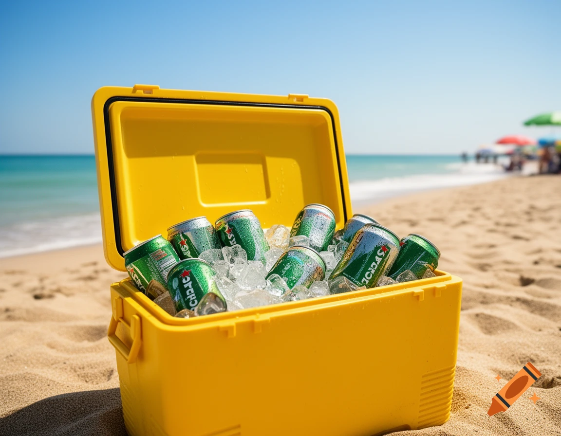 A bright yellow cooler full of ice and green drink cans sits on a sandy beach under a clear blue sky, with the ocean in the background.