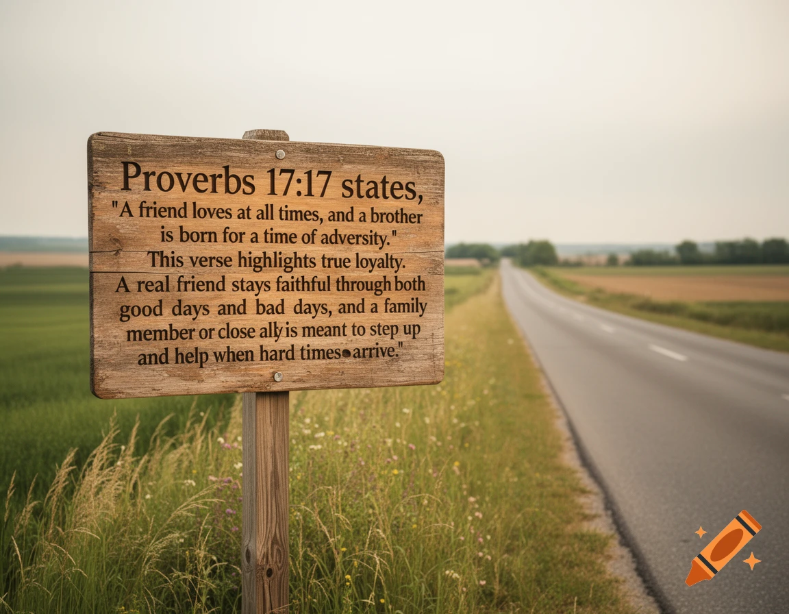 A wooden sign with 'Proverbs 17:17' text stands beside a long, empty road winding through green and brown fields.