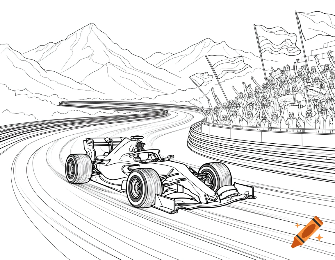 Black-and-white line art of a Formula 1 car racing on a curvy track, with mountains in the background and cheering fans in grandstands.