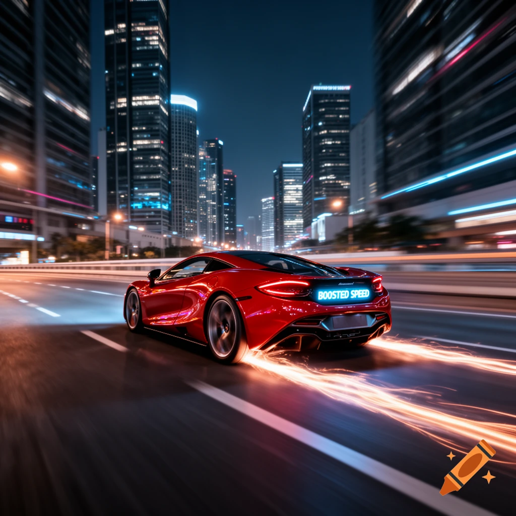 Red sports car with 'BOOSTED SPEED' on its rear, speeding through a nighttime city with light trails.