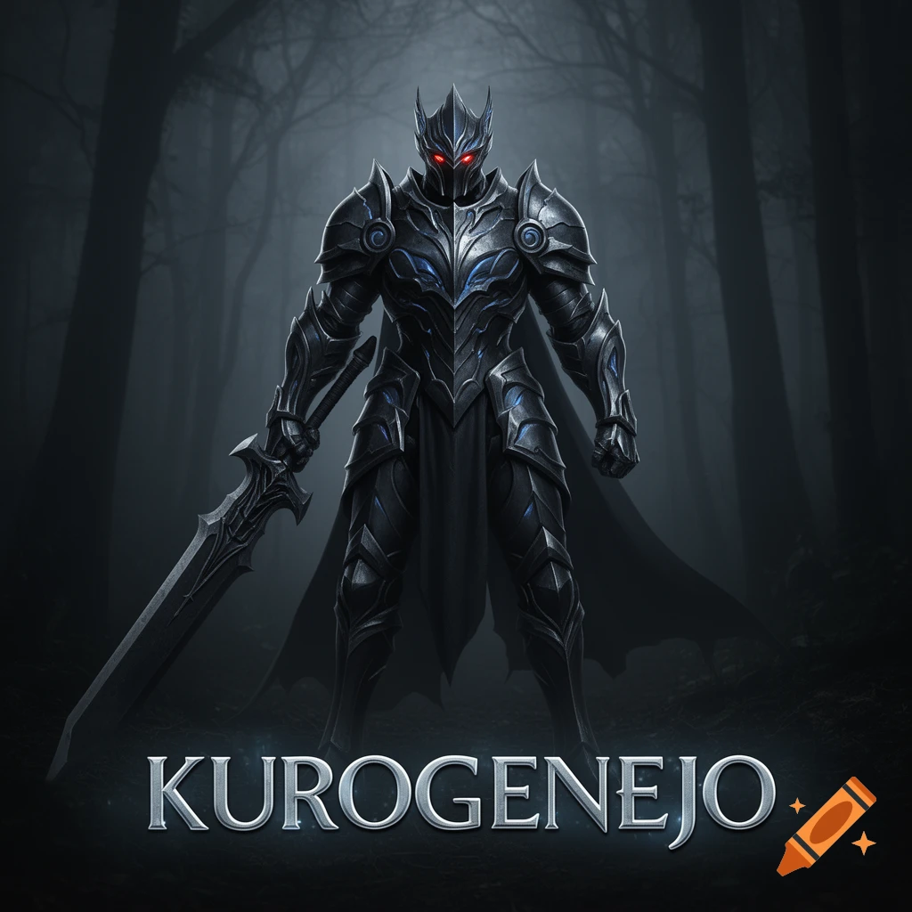 A dark armored knight with glowing red eyes stands in a spooky forest, holding a large sword, with the name "KUROGENEJO" at the bottom.