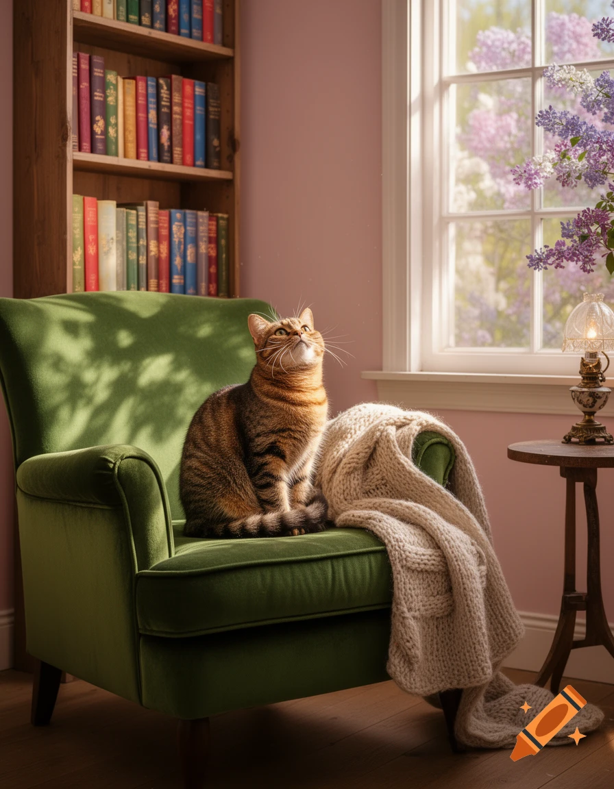 A tabby cat sits on a green armchair next to a sunlit window with blooming flowers, a side table, and a bookshelf in a cozy room.
