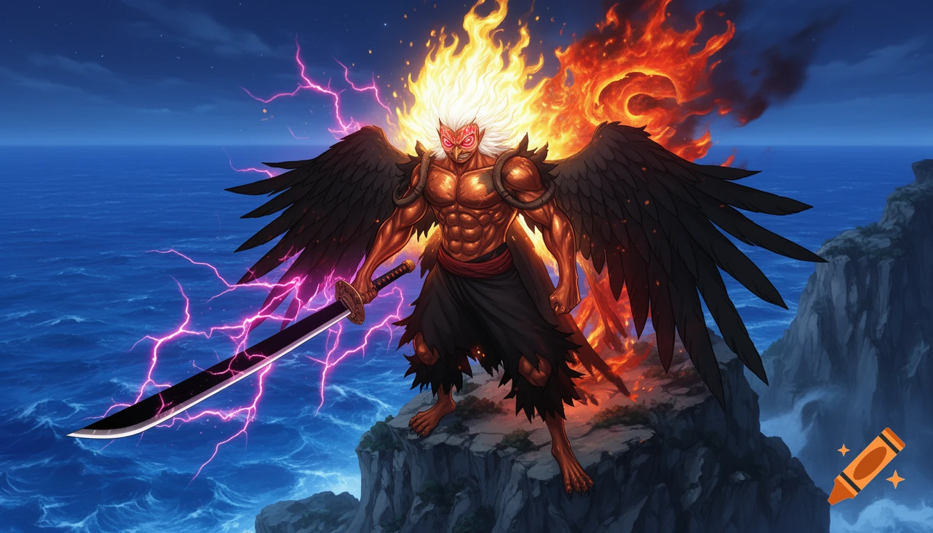 Anime warrior with flaming white hair, black wings, and a giant sword, standing on a cliff by the ocean at night.