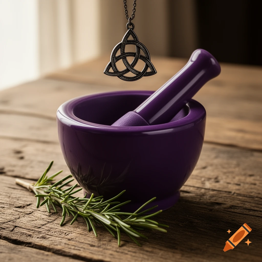 A purple mortar and pestle on a wooden surface with a sprig of rosemary and a silver Celtic knot necklace hanging above.