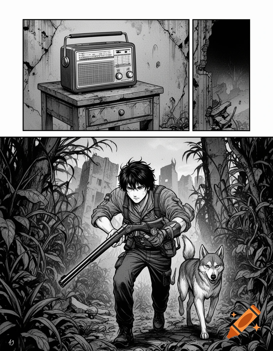 A monochrome manga page showing a radio on a table in a ruined room, and a man with a rifle and dog walking through overgrown, destroyed urban landscape.