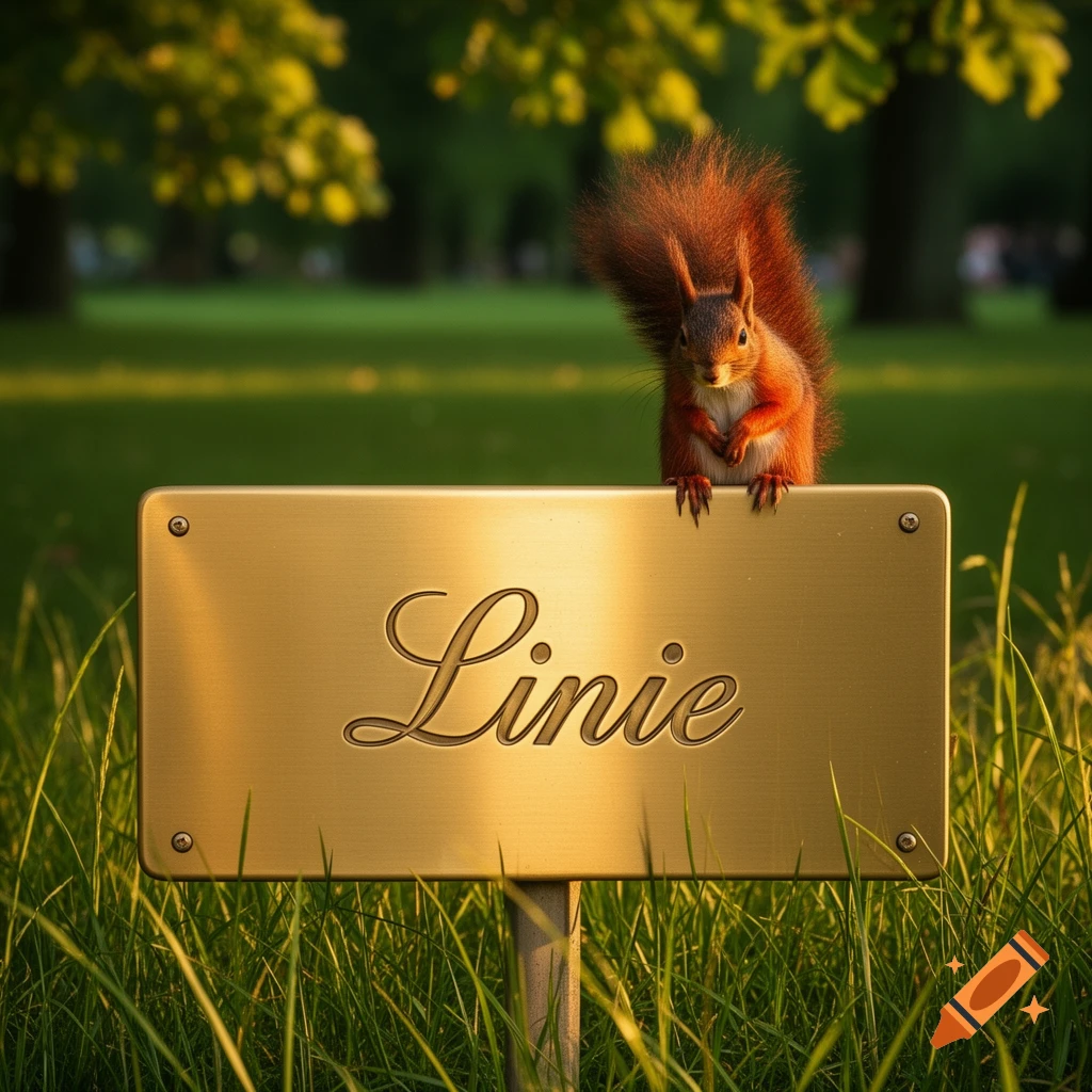 A red squirrel perches on a golden sign with 'Linie' embossed on it, amidst green grass in a sunlit park.