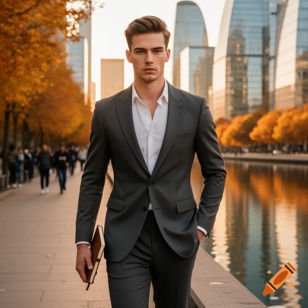 A sharply dressed man in a dark suit walks confidently along a riverside promenade lined with autumn trees and modern glass buildings at sunset.