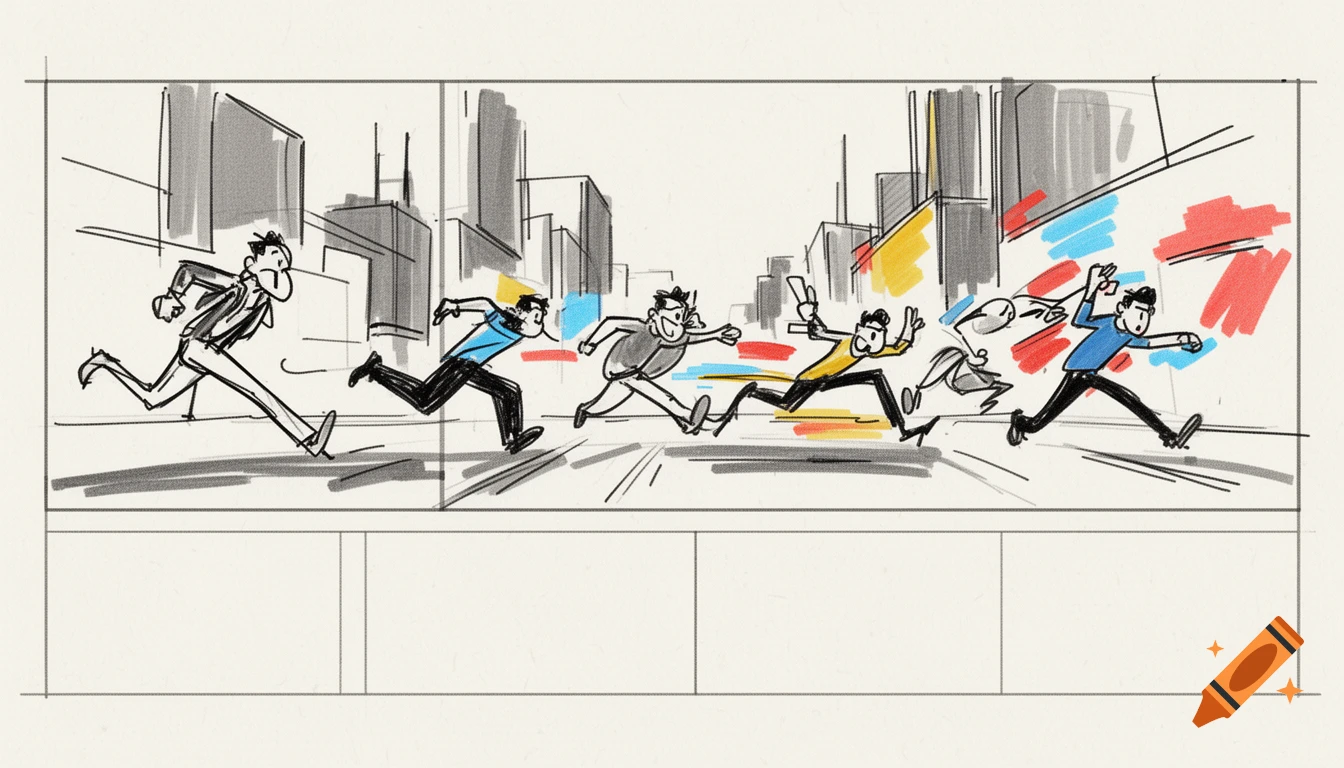 A simple marker-drawn storyboard panel showing several cartoon men running through a city street.