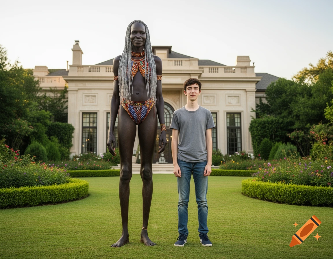A very tall, dark-skinned woman with long grey braids and a beaded two-piece outfit stands beside a shorter man on a lawn in front of a grand mansion.