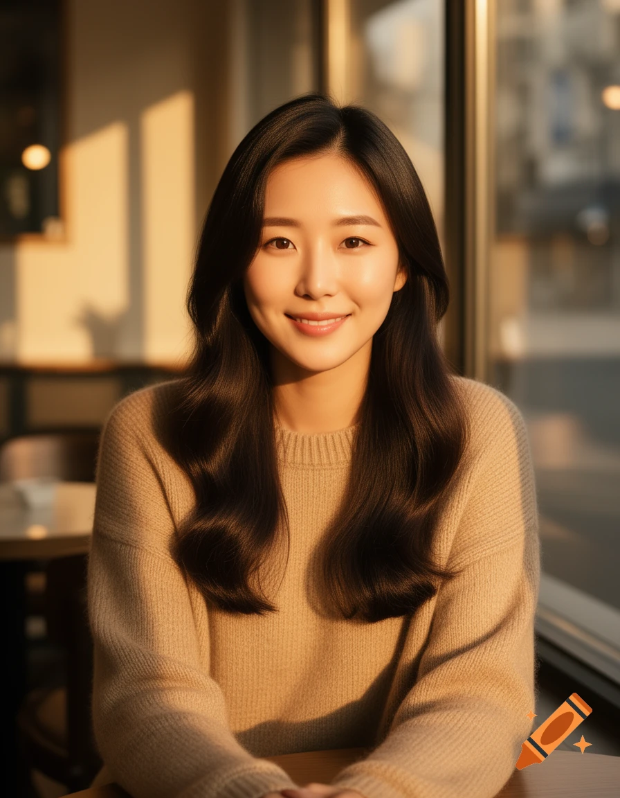 A smiling Korean woman with long dark hair, wearing a beige sweater, sitting by a cafe window in warm afternoon sunlight. Photorealistic portrait.