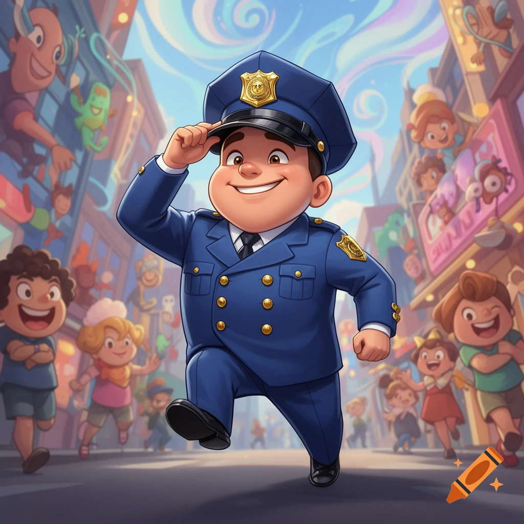 A smiling, cartoony policeman in a blue uniform tips his cap while running down a vibrant, bustling city street with happy onlookers.
