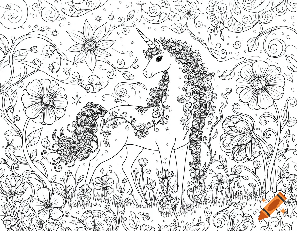 Detailed black and white coloring page of a whimsical unicorn with braided mane, surrounded by intricate flowers and vines.
