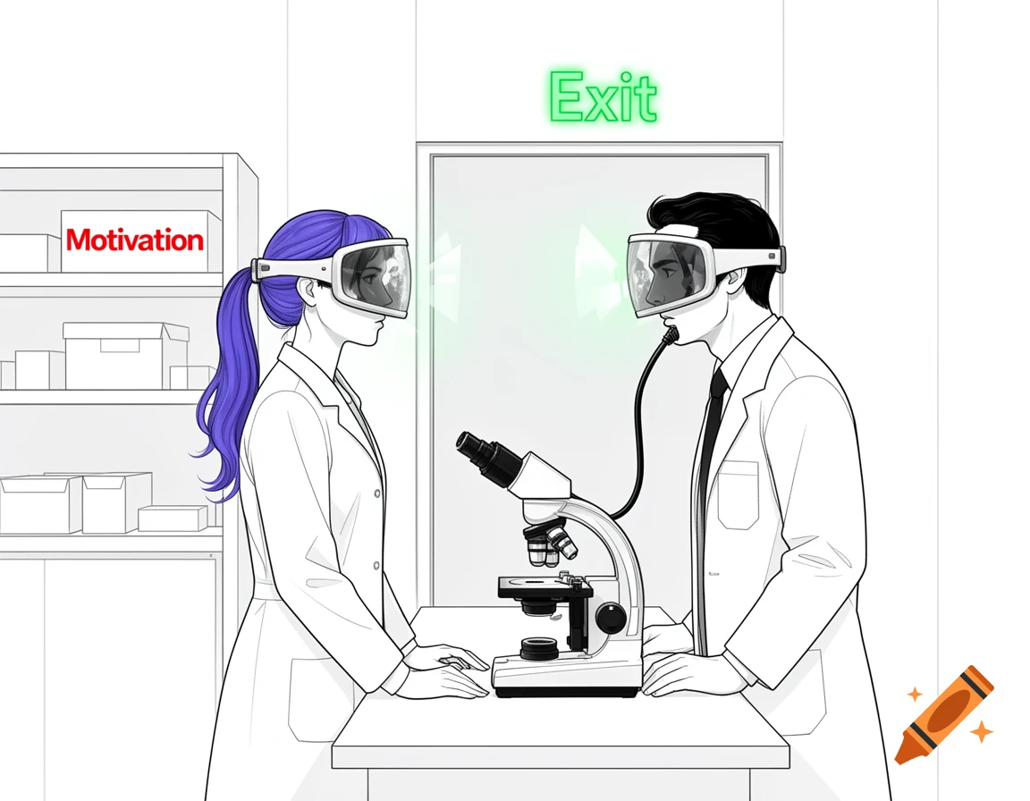 Line art illustration of two scientists in a modern lab. A female in a visor helmet connected to a microscope faces a male scientist.