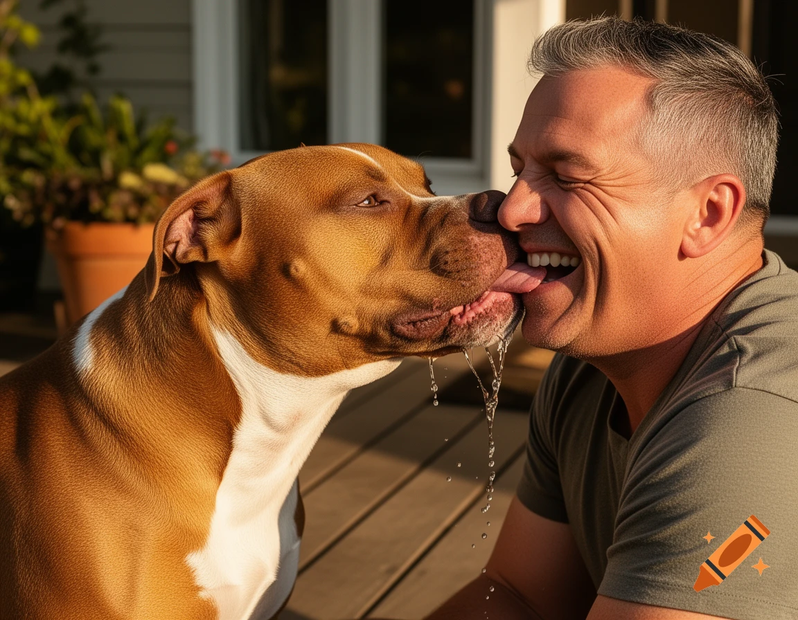 A joyful man grimacing as a pitbull enthusiastically licks his face, with slobber dripping, on a sunny outdoor deck.