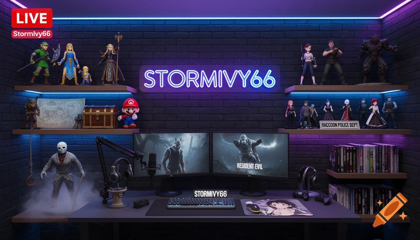 Photorealistic gaming setup with a dark brick wall, blue and purple LED lights, and a neon "STORMIVY66" sign. Shelves display detailed video game and anime figurines, including Zelda, Mario, and Resident Evil characters. A desk features dual monitors showing Resident Evil, a keyboard, mouse, microphone, and an anime mousepad.