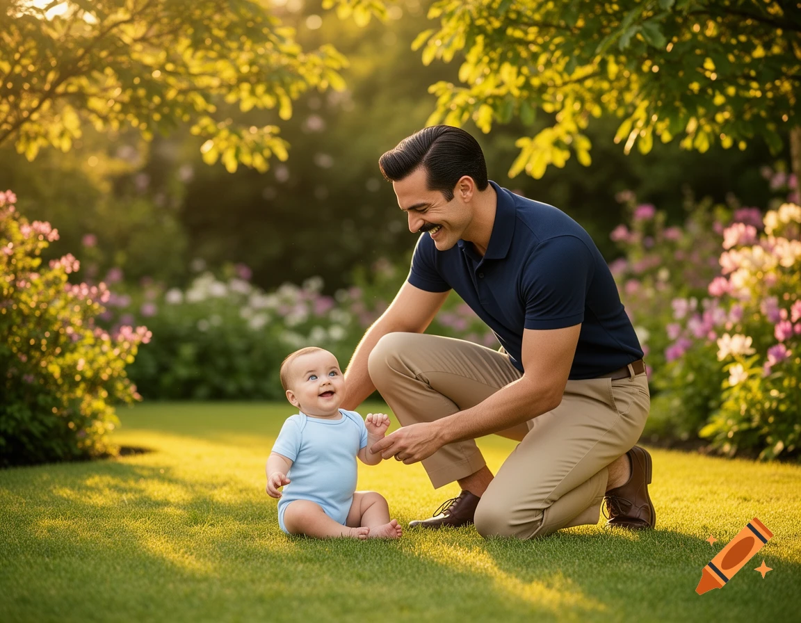 A smiling dad with a mustache crouches in a sunny garden, playing with his joyful baby son sitting on the green grass.