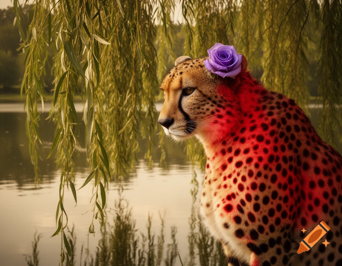 A cheetah with a purple rose behind its ear and red-tinted fur sits by a tranquil lake under a weeping willow tree.