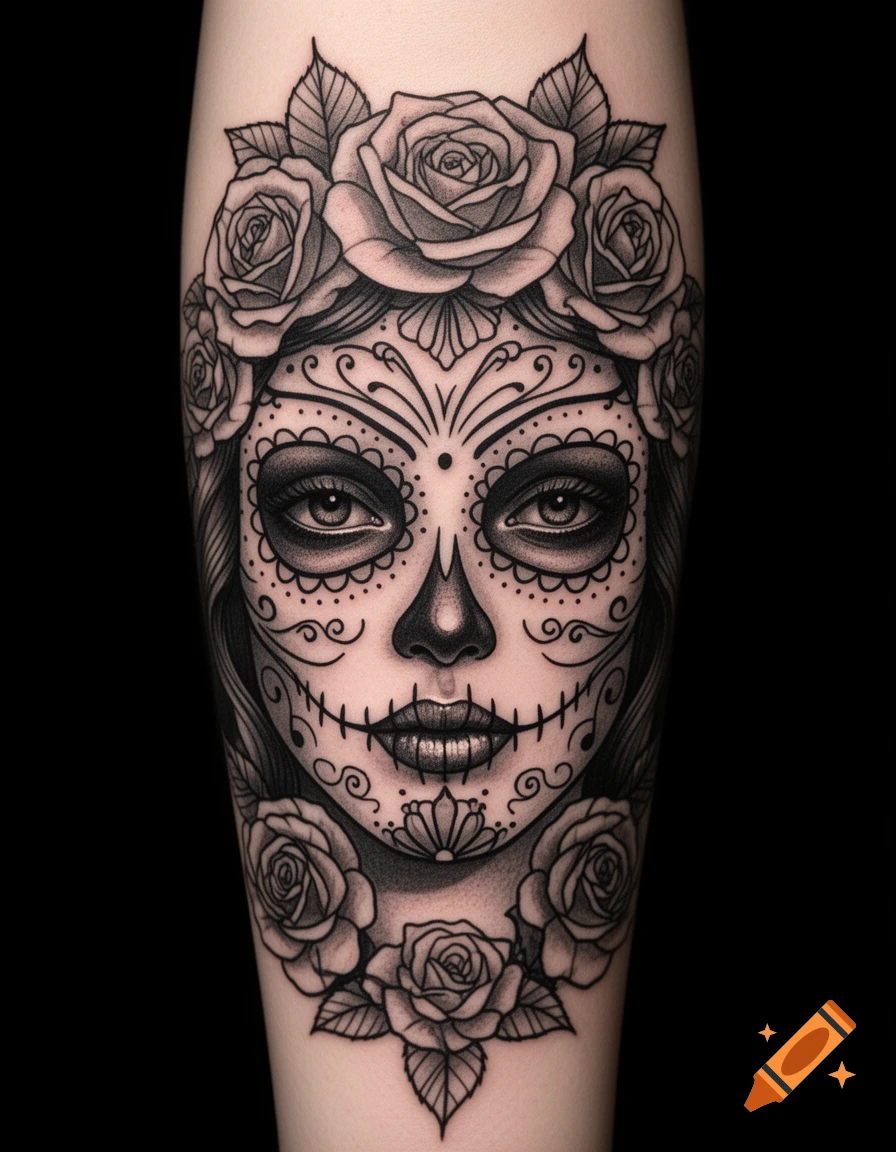 Black and white tattoo of a Day of the Dead woman's face (sugar skull) framed by roses.