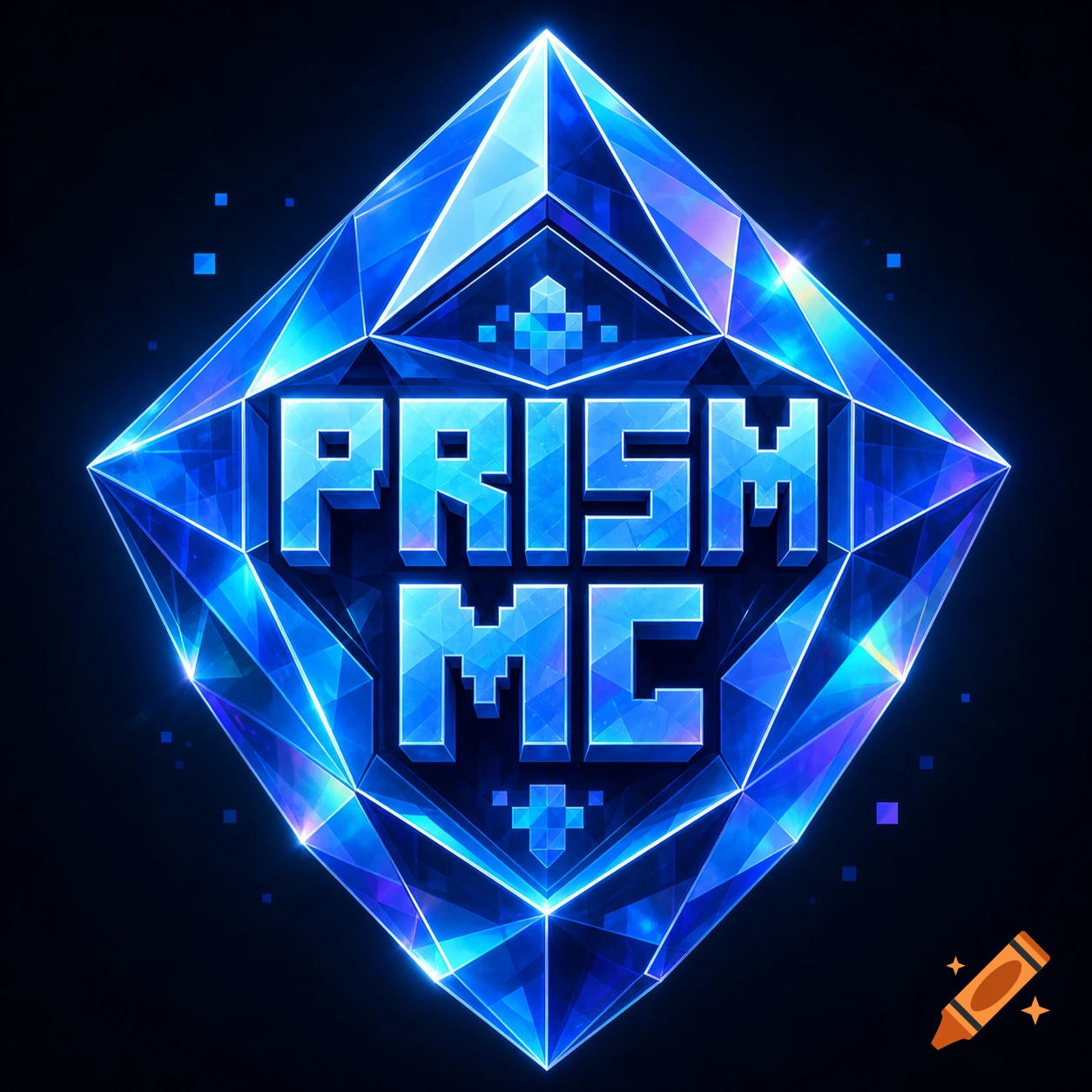 A glowing blue faceted diamond logo with 'PRISM MC' in a blocky, pixelated font.