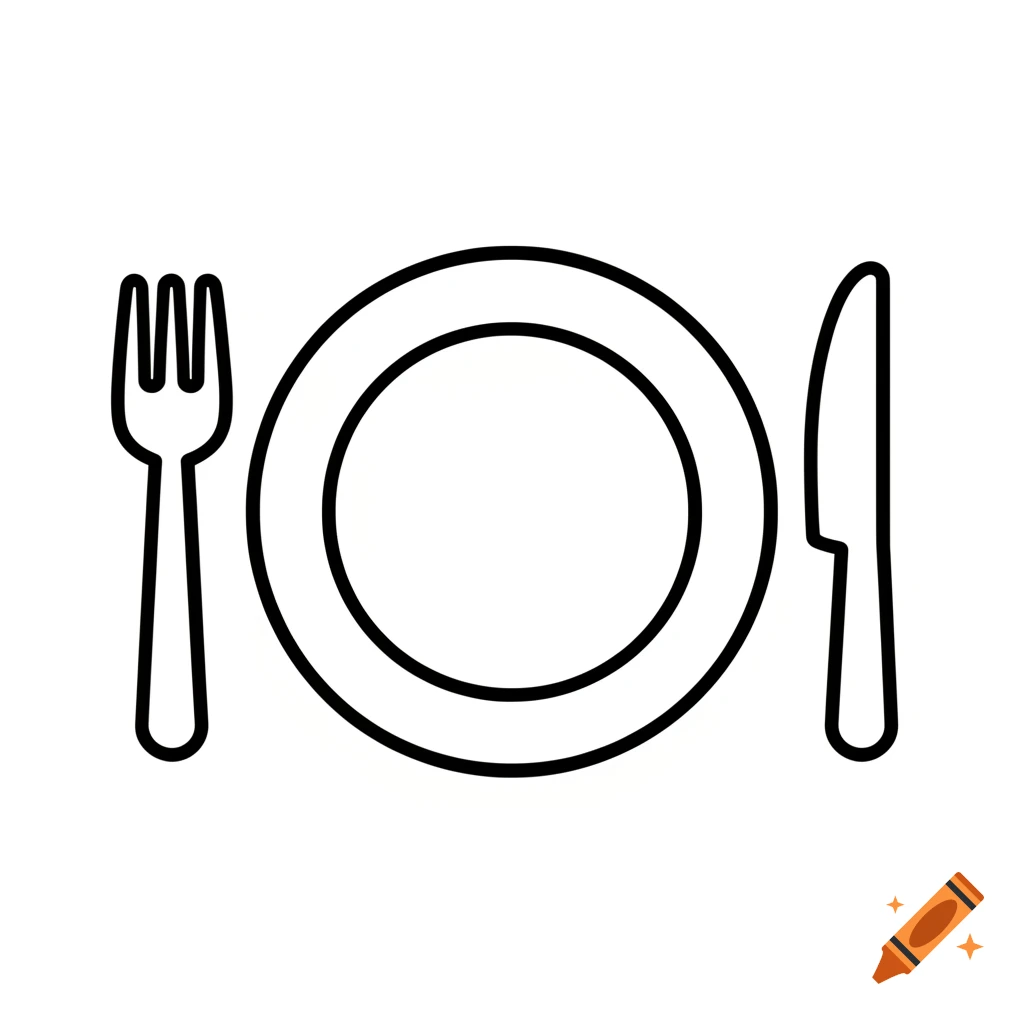A minimalist black and white line art icon of an empty plate with a fork on the left and a knife on the right.