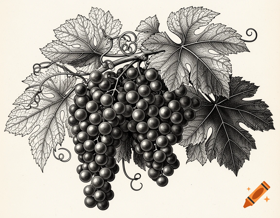 Two bunches of grapes with grape leaves and tendrils in a detailed black and white engraving style.