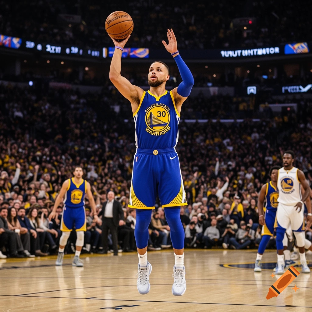 Photorealistic image of Steph Curry in a blue Golden State Warriors jersey shooting a basketball in a stadium packed with fans.