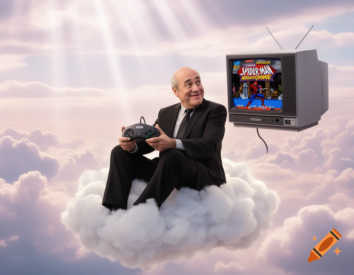 Richard Lewis on a cloud, playing Venom Spider-Man Maximum Carnage on a floating retro TV, in a radiant sky.