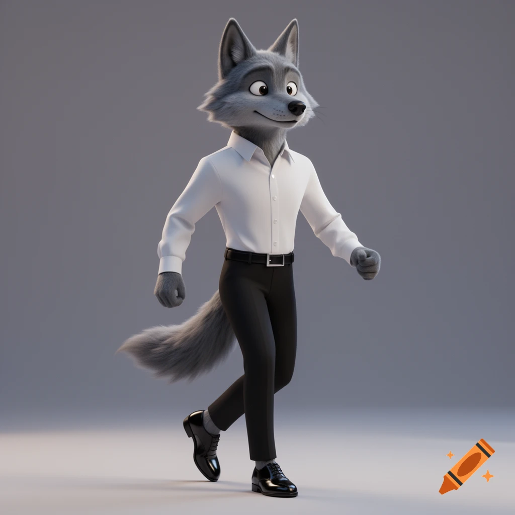 An Illumination-styled adult anthropomorphic wolf in a white dress shirt, black pants, belt, and black shoes, walking.