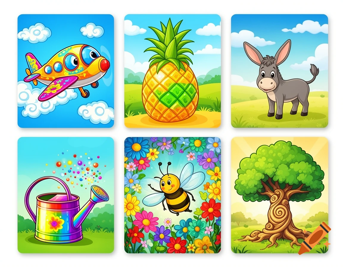 Six colorful cartoon illustrations for kids: an airplane, a pineapple, a donkey, a watering can, a bee, and a tree.