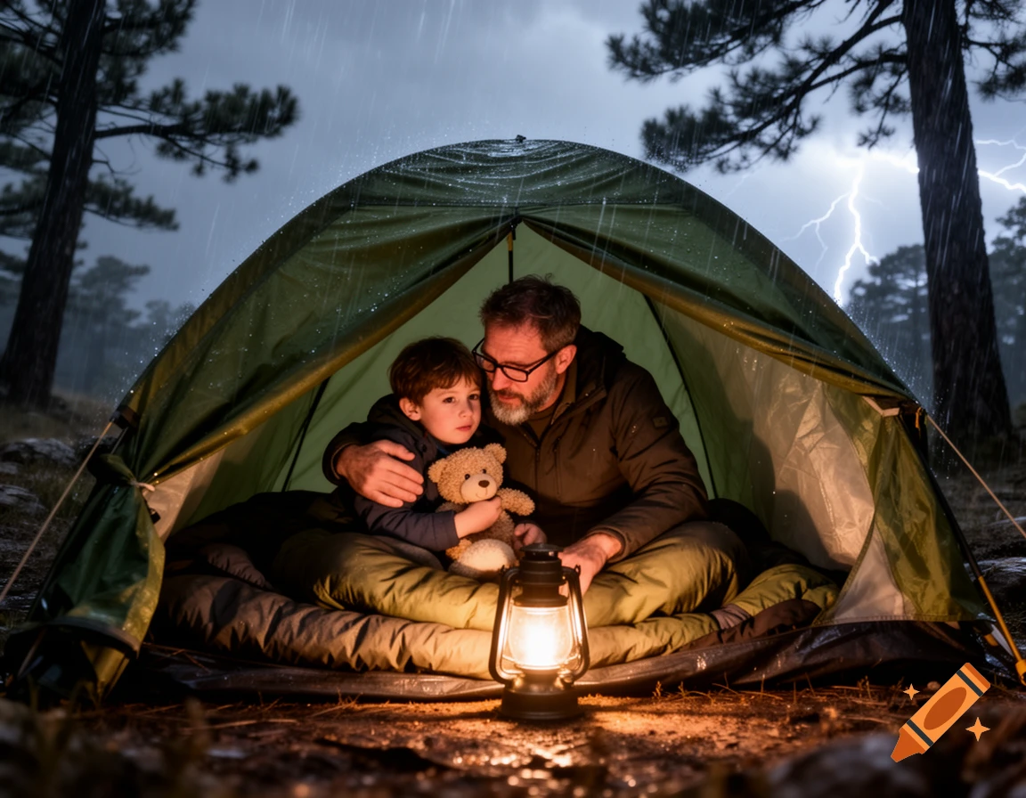 Photorealistic image of a father and son with a teddy bear, huddled in a tent during a stormy night with lightning outside.
