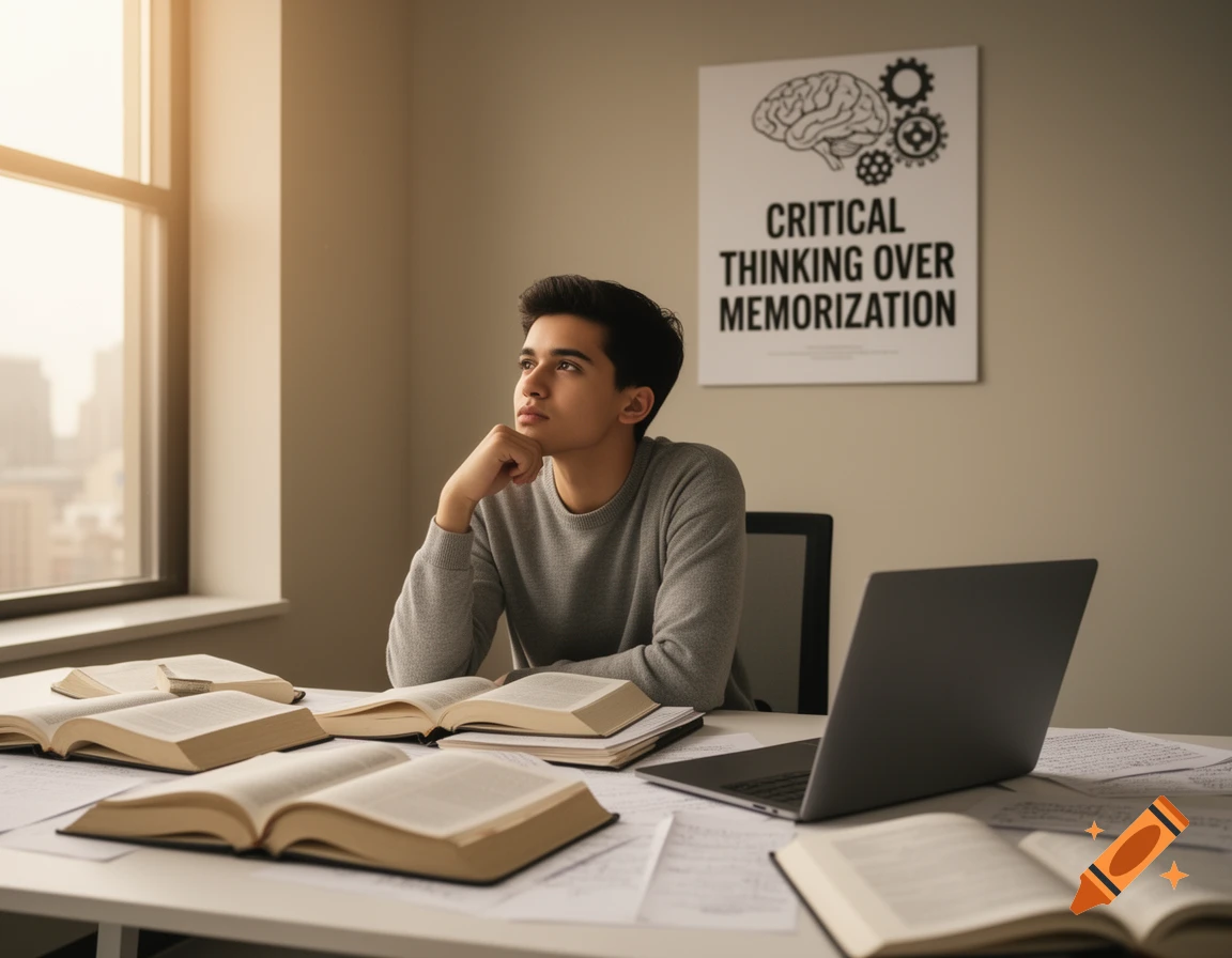 A young man sitting at a desk filled with open books and a laptop, looking thoughtfully out a window. A poster on the wall reads 'CRITICAL THINKING OVER MEMORIZATION'.