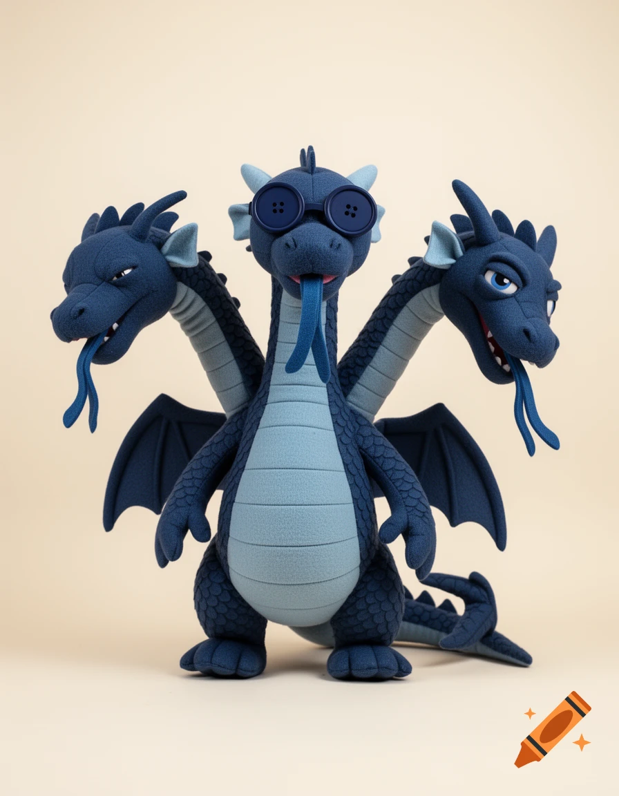 A blue three-headed dragon plushie stands upright against a light background. The middle head wears dark blue button glasses.