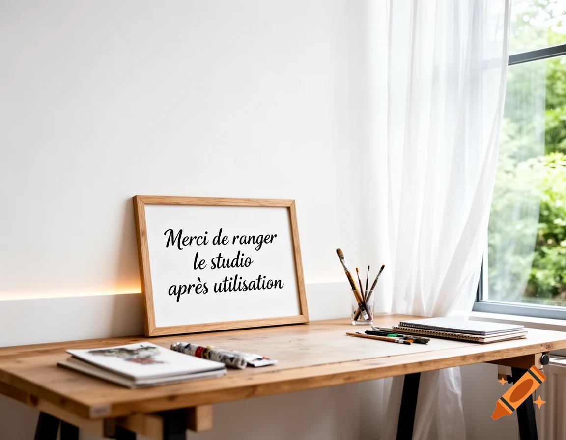 A photorealistic image of a neat wooden desk in a bright studio, with a framed sign saying "Merci de ranger le studio après utilisation", art supplies, and a window.