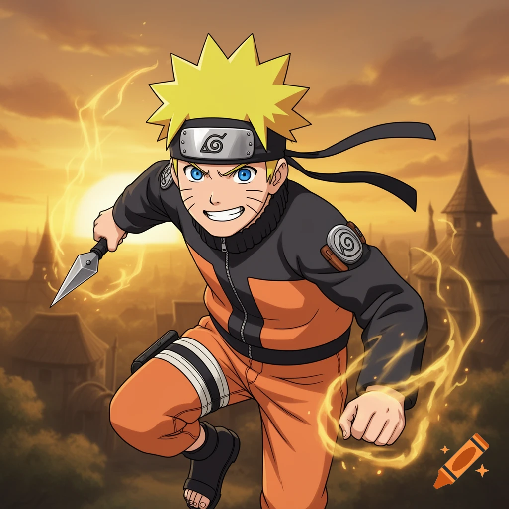 Naruto Uzumaki in his signature orange and black outfit, running with a kunai, surrounded by golden chakra against an orange sunset background.