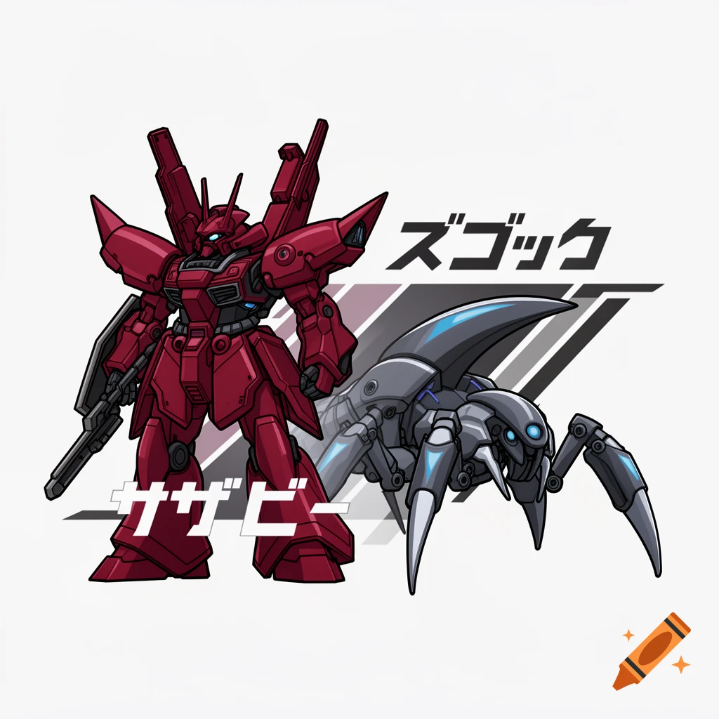 Red Sazabi mech standing next to a grey Z'Gok insectoid mech, with Japanese text, anime style.
