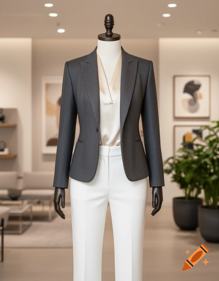 A grey blazer, white blouse, and white trousers on a black mannequin in a store setting.