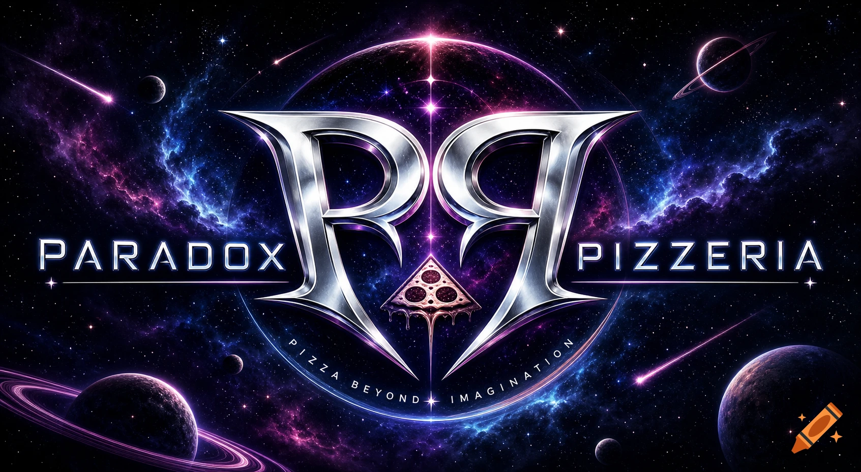Space-themed logo for Paradox Pizzeria featuring metallic stylized letters, planets, nebulae, and a pizza slice.
